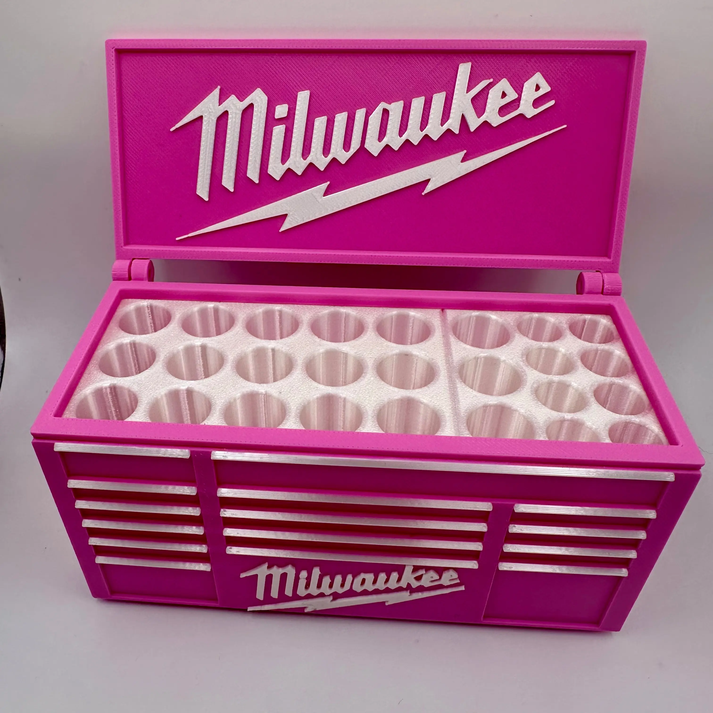 Milwaukee Pink Toolbox-Style 3D Printed Desktop Storage Organizer - Pen Holder, Cute Desk Accessories, Office Supplies for Work (No Warranty, Includes Desk Accessory), Cute Accessories Desk