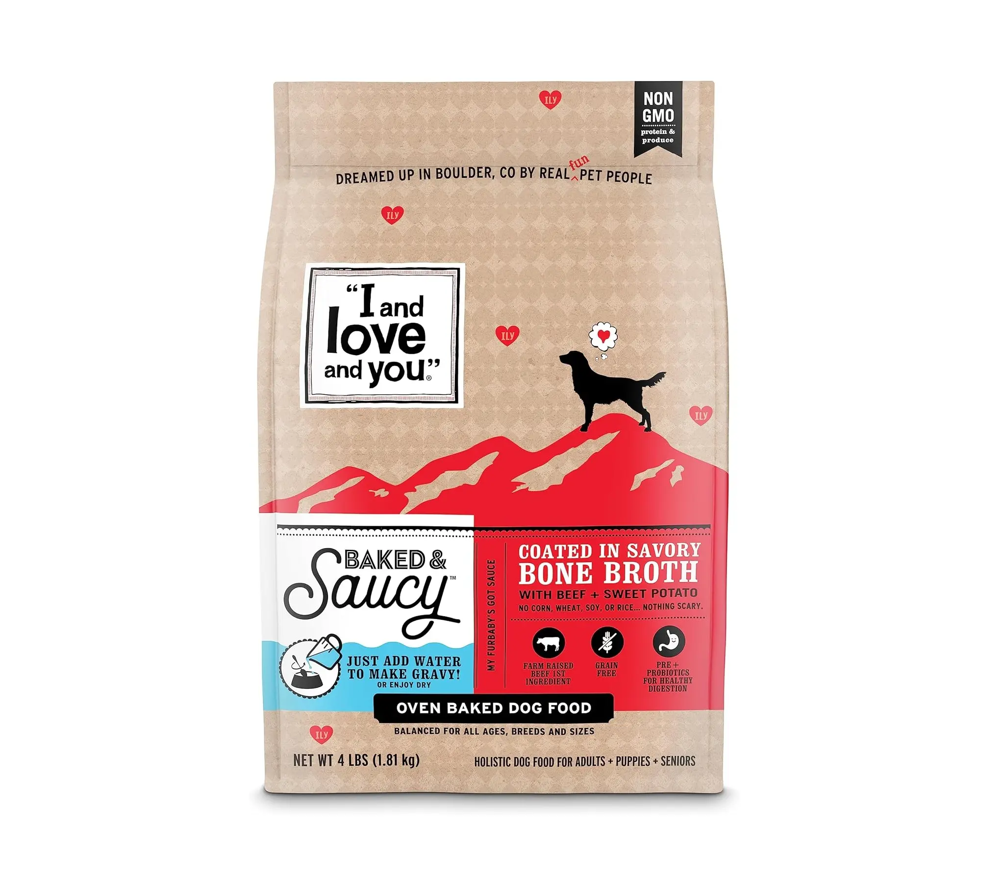 I and love and you Grain-Free Baked & Saucy Beef & Sweet Potato Dry Dog Food, Gravy-Coated, Real Meat, Prebiotics & Probiotics, No Fillers, 4 lb Bag