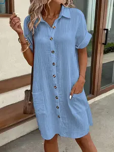 Simple Women's Casual Dress with Turn-Down Collar and Front Buttons, Loose Fit Daywear Suitable for Home and Outings, Summer Dress for Women, Womenswear
