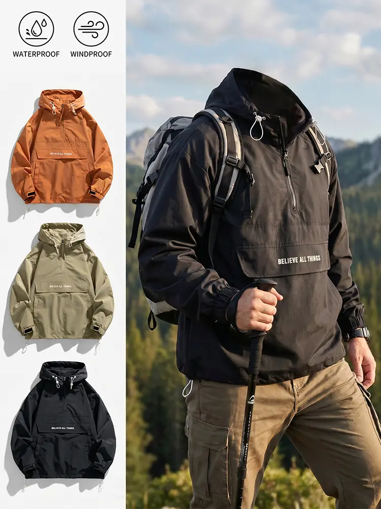Male Standard Long Sleeve Loose-Fitting Breathable Quick-Dry Hooded Outdoor Sports Outerwear - Casual Half Zip Polyester Jacket with Adjustable Drawstring, Solid Color, Letters, Machine Washable, Ideal for Autumn & Winter, Suitable for Hiking