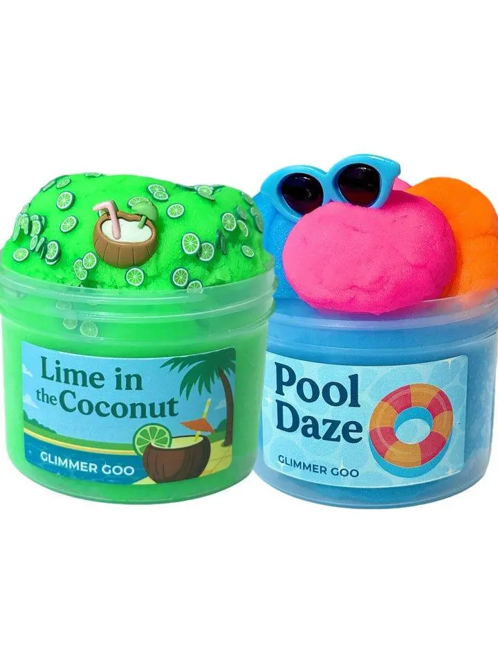 Endless Summer - 2 Icee Slimes with Charms! Pool Daze (Tri-Color Icee Slime) + Lime in the Coconut (Neon Green Icee Slime) - Scented Tropical - Soft, Fluffy, Stretchy, Sizzly Slime Set for Kids and Collectors