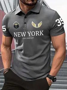 Men's Summer Athletic Polo Shirt, Small Icon Letter Print, Comfortable Fabric, Casual Fitted Short Sleeve, Perfect for Daily Wear