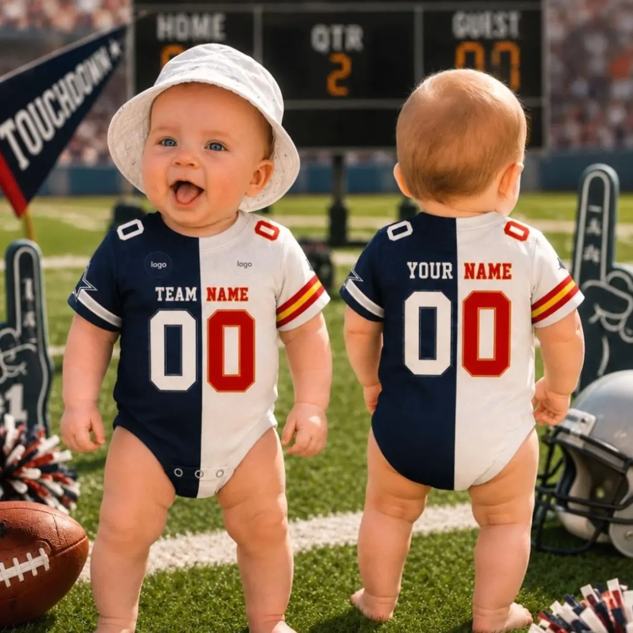 Custom Half and Half Football Baby Bodysuit, Personalized Two Team Colors Football Romper, Split Team Baby Outfit, Football Fan Baby Gift 275