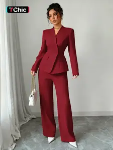 Women's Two-Piece Suit Set, Irregular Button Blazer Jacket & Long Pants, Stylish Ladies', Chic, Womenswear, Perfect for Office & Casual Wear