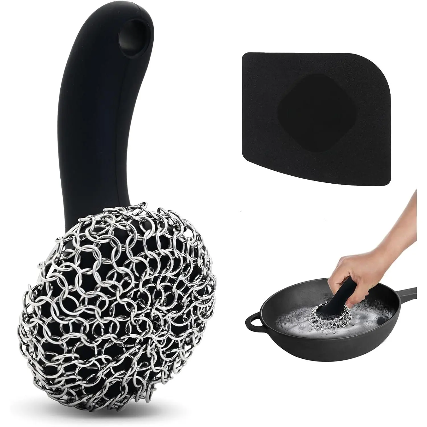 Cast Iron  with Long Handle | 316 Cast Iron Cleaner Chainmail  for Cast Iron Pan Skillet Cleaner - Dish Scouring Pad Dishwasher Safe Cleaning Kit (Black, 1  + 1 Scraper)