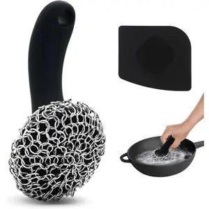 Cast Iron  with Long Handle | 316 Cast Iron Cleaner Chainmail  for Cast Iron Pan Skillet Cleaner - Dish Scouring Pad Dishwasher Safe Cleaning Kit (Black, 1  + 1 Scraper)