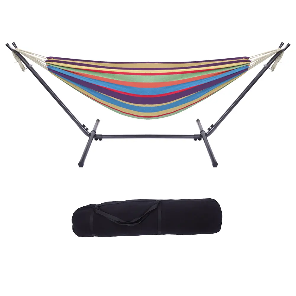 Natural Rope Hammock Set with Stand - Compact Indoor/Outdoor Hanging Bed, Small Space-Friendly Design & Colorful Accent Bars, for Patio, Garden or Balcony Relaxation