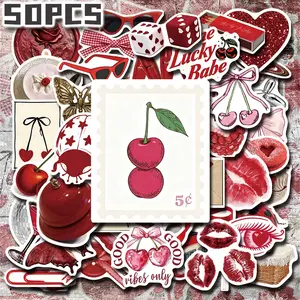 50PCS Cherry Colored Girl Aesthetic Stickers Pack, Cute Girl Art Illustration Vinyl Stickers for Laptop Water Bottle Phone Case Skateboard Journal Scrapbook DIY Decoration