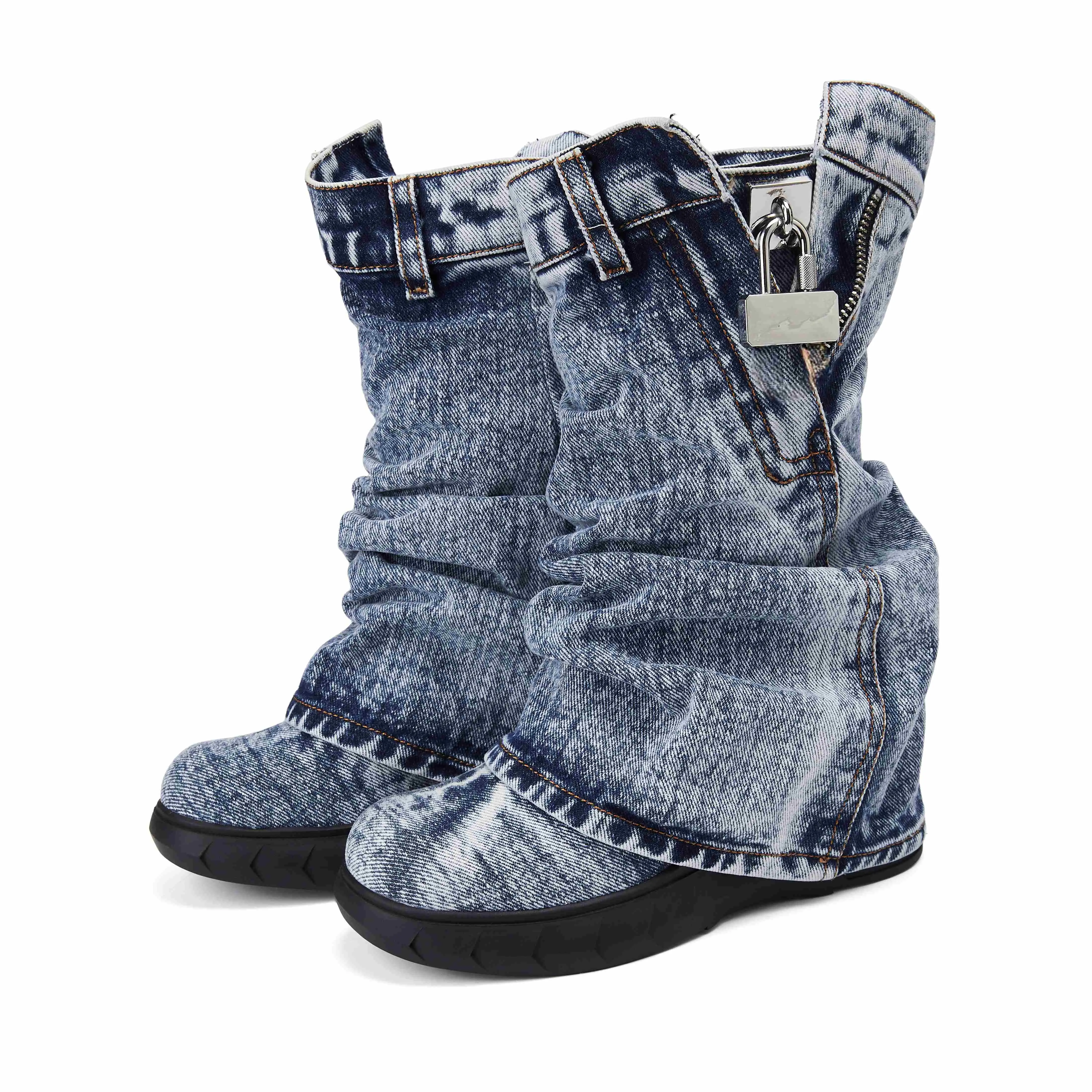 【new】Women's Denim Slouch Boots Baggy Jean Mid Calf Platform Wedge Zip Up Y2K Baddie Streetwear Outfit Footwear Style,winter,snow,fashion,fall,wide,cowgirl,black and roots slouchy