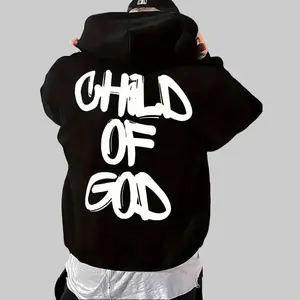 Men's Hoodie - Black with White CHILD OF GOD Letter Print Kangaroo Pocket Drawstring Cap Design Loose Street Style Pullover Machine Washable Autumn Winter Wear Long Sleeve Casual Outdoor Outerwear Menswear Graphics Tops street wear Layer Smooth Stylish