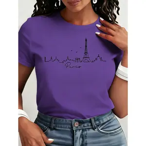 100% Cotton, Women's Paris Heartbeat Print T-Shirt - White Casual Short Sleeve Round Neck Top, Eiffel Tower and Bird Line Art Pattern, Lightweight Breathable Fabric, Regular Fit for Spring and Summer