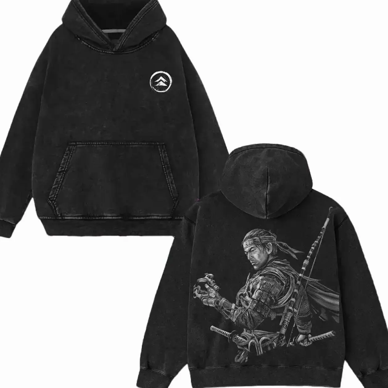 Jin Sakai Ghost of Tsushima Acid Washed Graphic T-Shirt Hoodie Sweatshirt Vintage Gaming Retro Samurai Black Cotton Casual Streetwear GEN