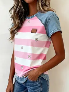 A women's fashionable and gentle casual denim patchwork contrasting short sleeved Lady shirt with loose and slimming design, suitable for summer, home, indoor, and outdoor wear