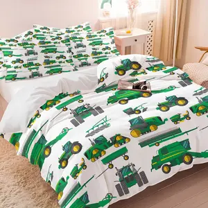 Green Farm Tractor Print 3-Piece Duvet Cover Set, Ultra-Soft Microfiber Bedding with 1/2 Pillowcases (No Insert), Farmhouse Style Bedding for Kids Teens Bedroom Decor