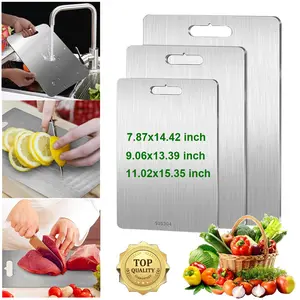 3 Sizes Double-Sided Titanium Cutting Board, 1.5mm Thick Stainless Steel Chopping Board, Heavy Duty Reusable Kitchen Cutting Board for Meat Fruit Vegetable Dough Kneading Set