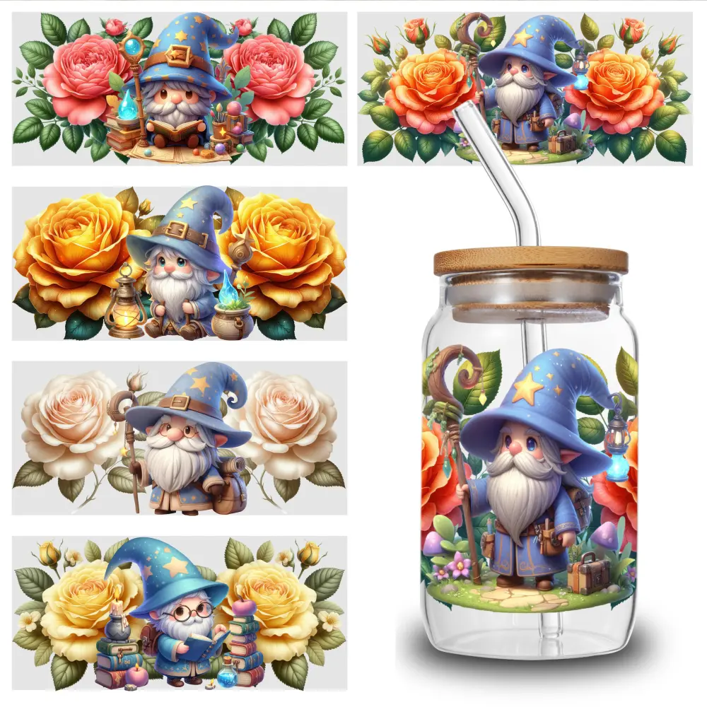 5 Sheets Gnome Roses UV DTF Stickers Self-Adhesive UV DTF Transfer Stickers - 5pcs for Glass Jars, Bottles, Cups - Permanent Decoration Suitable for DIY Crafts, Wine Bottles, Water Bottles, Tea Cups