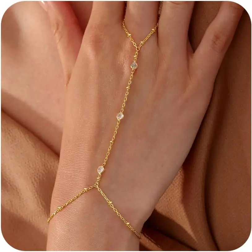 Women's Gold-Plated 4-Leaf Clover Cubic Zirconia Hand Chain Bracelet, Adjustable Hypoallergenic Chain Link for Party Wear