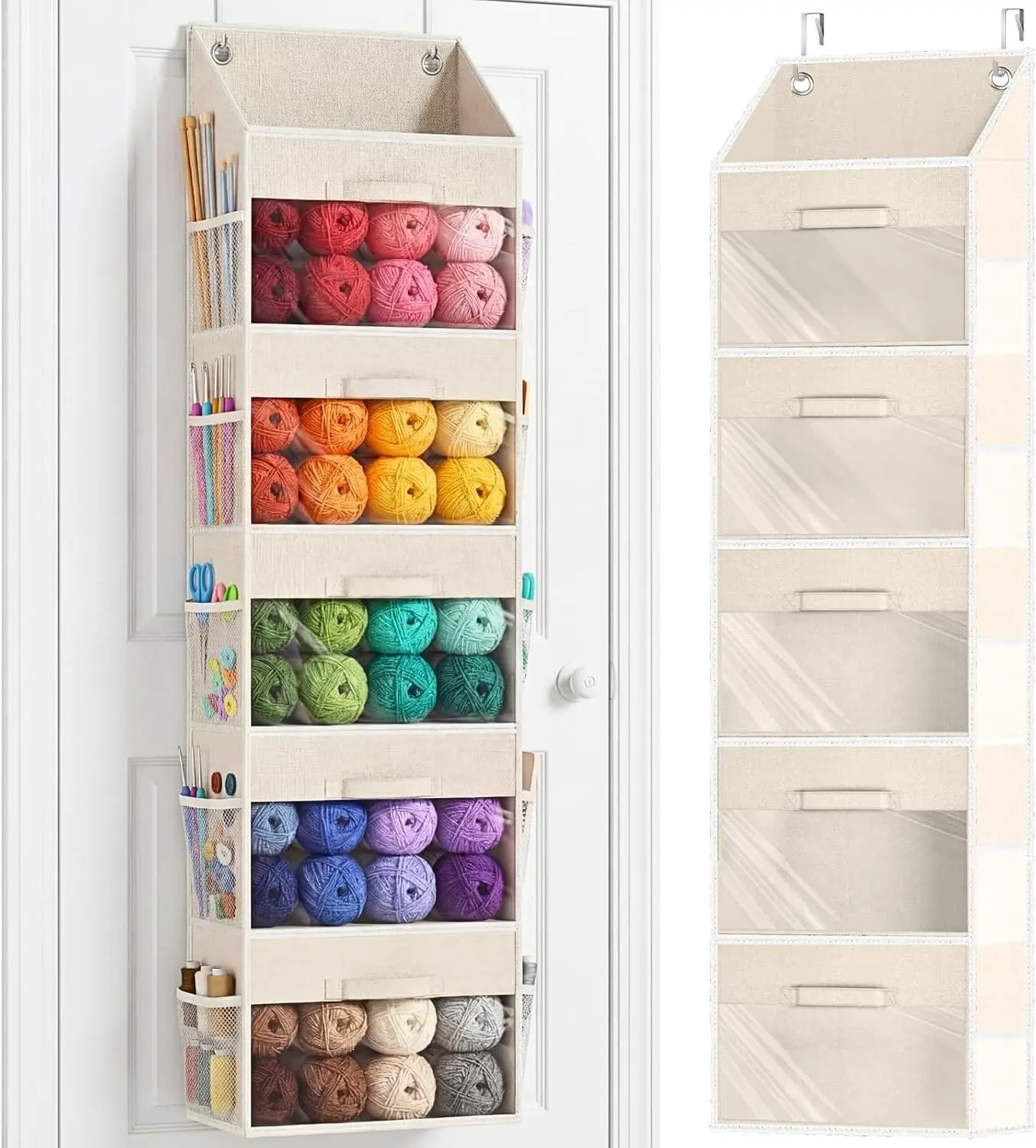 Hanging Yarn Storage Organizer with 5 Drawers | Over Door Large Capacity Knitting Organizer Storage &10 Side Pockets, Hanging Yarn Holder for Knitting Needles, Crochet Hooks Gift