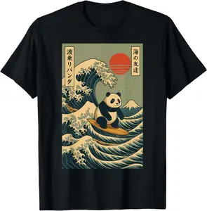 100% Cotton Panda Surfing Japanese T-Shirt