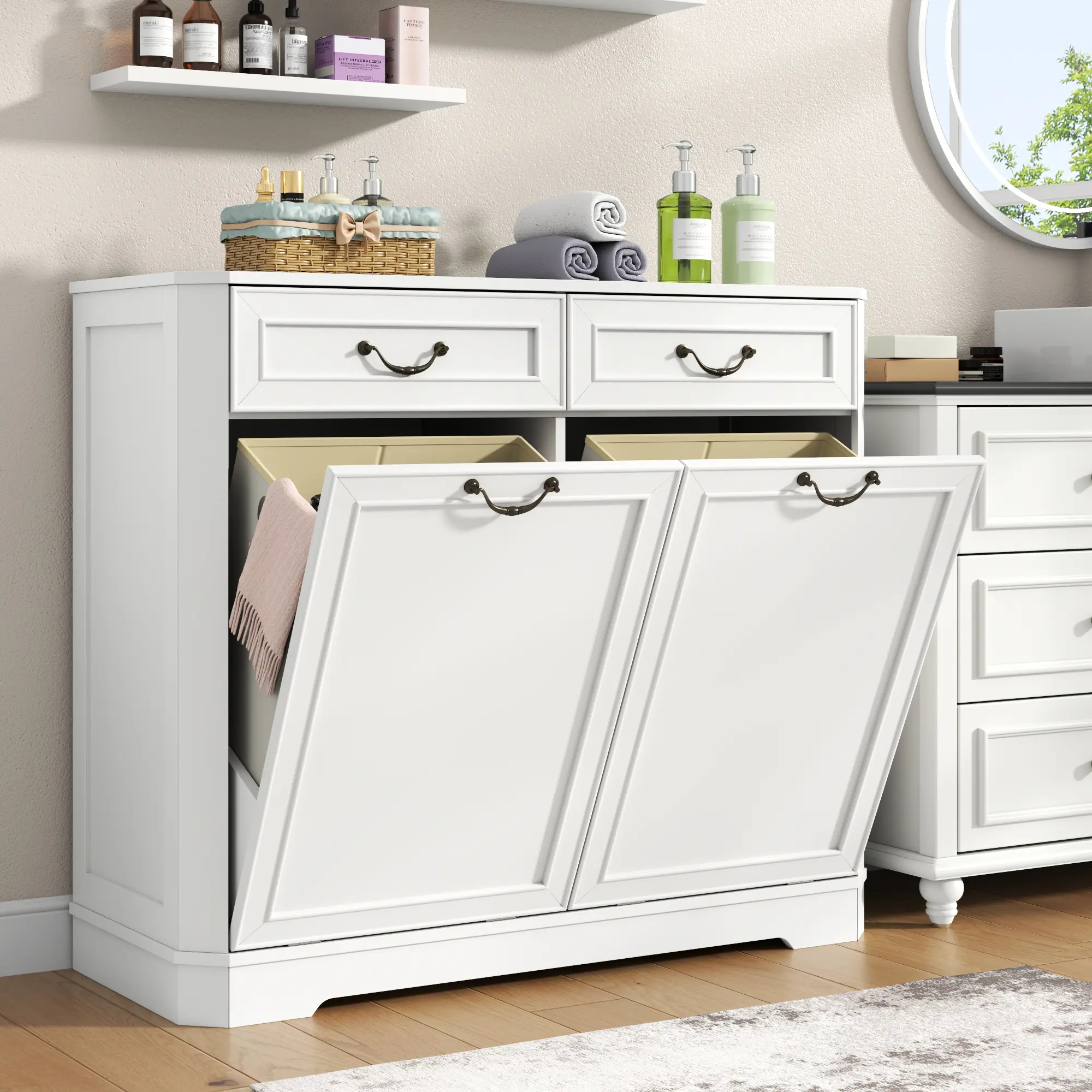 Gyfimoie Tilt Out Laundry Hamper Cabinet, Hidden Laundry Cabinets with Drawer & Laundry Basket, 15 Gallon Trash Can Cabinet, Garbage Can Bin Cabinets for Bathroom,Kitchen (White, Single) Sideboard With Storage