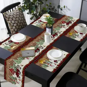 Christmas Table Runner Set, Snowman Truck Design, Linen Material, Perfect for Holiday Parties & Decorations, Festive Home Accessories