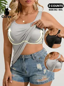 Summer PLUS SIZE Women's Sporty/Workout Built in Bra Vest Set, Sleeveless High Stretch Training Tank Top, Soft Skin-Friendly Bra Camisole, Ideal for Yoga Running Cycling, Gym&Outdoor Activities, Summer Activewear, All Seasons for Plus Size Girls