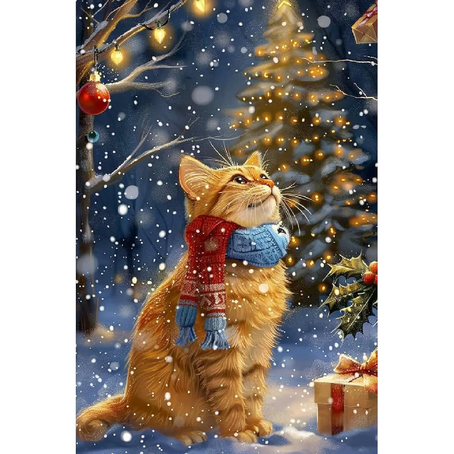 5D Diamond Painting Kit Cute Orange Tabby Cat Knitted Scarf Snowy Christmas Tree Gift Balls Winter Snowflake Holiday Pet Scene Canvas Wall Decor DIY Handcraft