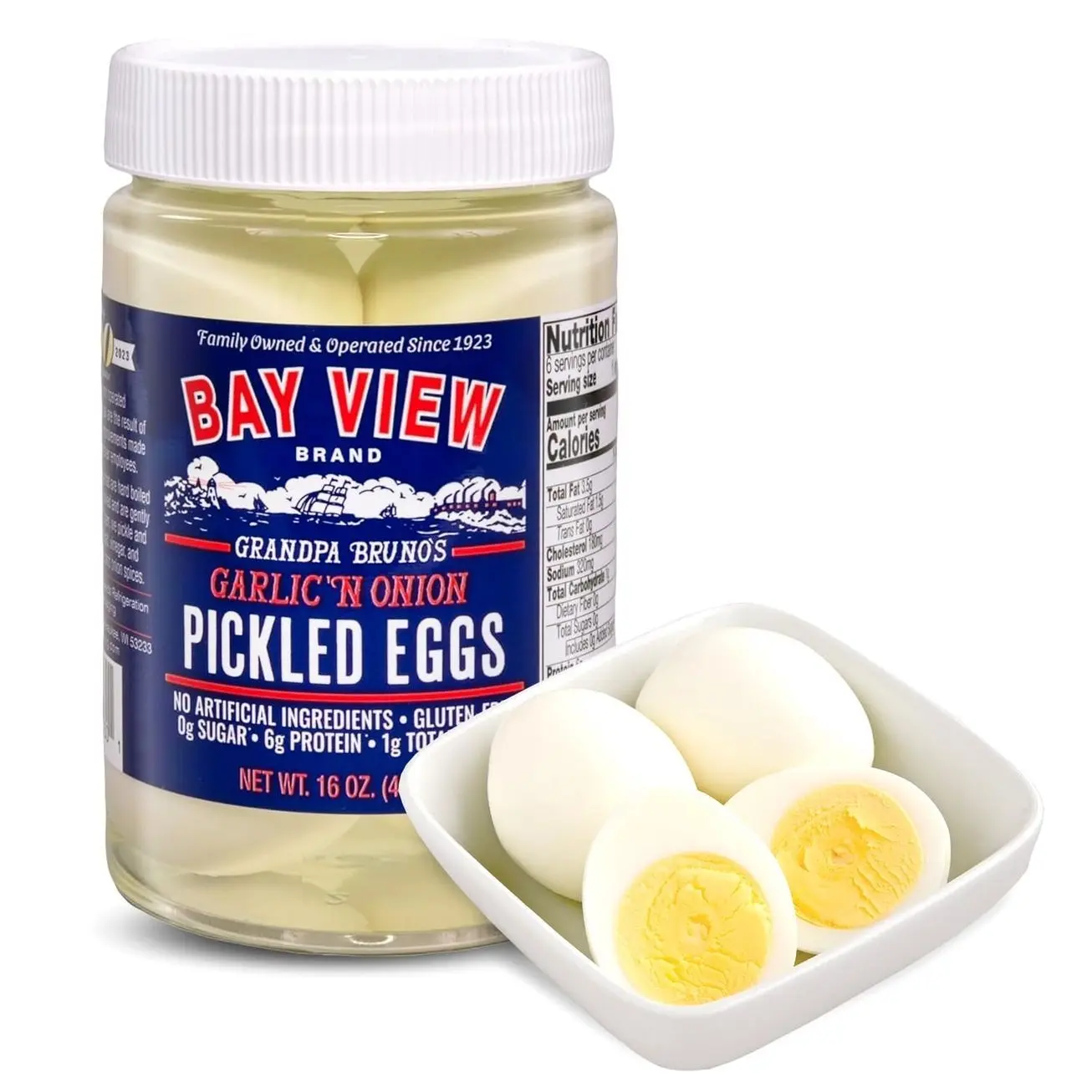 Bay View Pickled Eggs, No Artificial Ingredients, Gluten Free, 0g Sugar, 6g Protein, Fresh Grade A Eggs, Boiled and Peeled (16oz, Garlic 'N Onion)