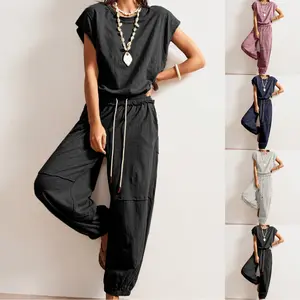 JovenPara Womens Casual Jumpsuit Crewneck Cap Sleeve Wide Leg Long Pants One Piece Outfits Drawstring Romper Outfits with Pockets