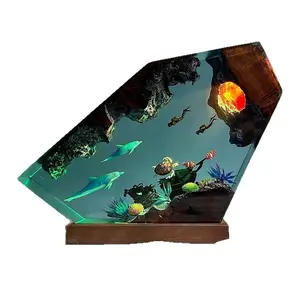 3D Ocean Resin Night Light with LED Glow, Handmade Epoxy Lamp with Wooden Base – Aesthetic Room Decor for Desk & Bedroom, Viral TikTok Gift Idea for Women & Men