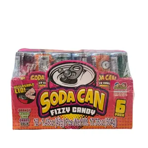 Kidsmania Soda Can Fizzy Candy- 12 Count 6 Pack Reclosable Lid Orange Lemon Lime Grape Cola Beverage Style Candies