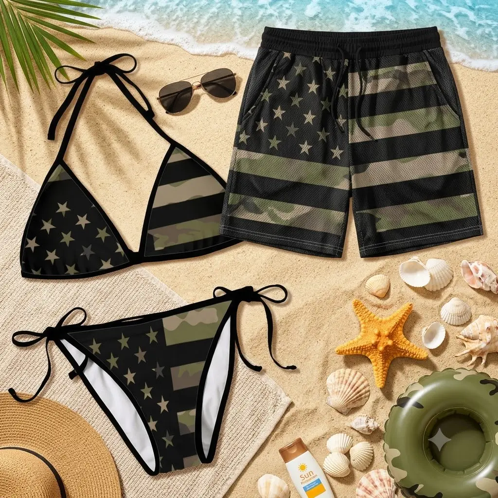 Camo Matching Couple Swimwear Set 4th of July, USA Flag Stars Stripes Camouflage Bikini & Mesh Shorts, Gift for Couples