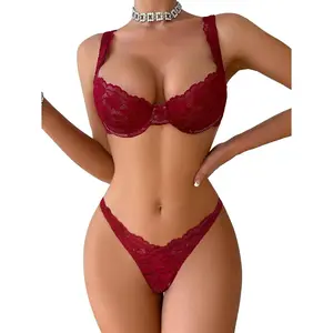 Sexy Floral Lace Underwire Push Up Lingerie Set Outfits Underwear Women Womenswear Basic Burgundy Red Minimalist