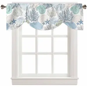 Coastal Tie Up Valance Curtains for Windows, Summer Beach Blue Teal Coral Kitchen Curtains Window Treatments, Sea Nautical Starfish Short Window Shades Valances for Bedroom Bathroom Cafe 54"x18"