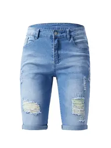 Men's Summer New Denim Shorts, Solid Color Elastic Fit, Cuffed Hem, Tight-Fitting Ripped Design, Button Fly Closure, Fashionable Mid Waist Streetwear