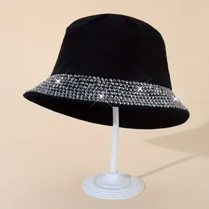Fashionable Rhinestone Decorative Bucket Hat For Spring And Summer, Casual Sun Protection Basin Hat, Hip-hop Fisherman Hat Suitable For Both Men And Women, Black All White Rhinestone Versatile Face Enhancing Basin Hat.