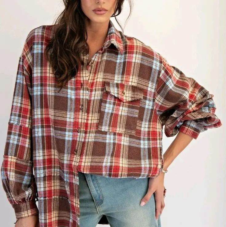 Women's Autumn Mocha Plaid Blouse, Easel-Design Casual Top