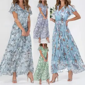 New Beach Large Swing Dress Chiffon Floral Short Sleeve Ruffled V-neck Fashion Waist-Controlled Dress