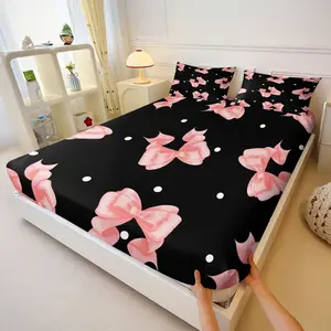 Pink fitted sheet set with bow print,Includes 1 Fitted Sheet & 2 Pillowcases without Filler,Romantic and delicate, soft and comfortable,Fresh and soothing,The perfect bedroom bedding,Warm and pill-resistant, multiple styles available.