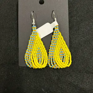 Yellow and Blue Beaded Earrings with Teardrop Design and Silver Hooks