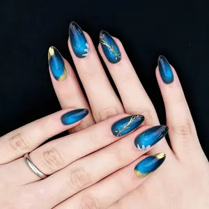 10pcs Almond Shape Press-On Nails, Elegant Cat Eye Design, 3D Print & Diamond Accent, Includes Jelly Glue & File, Perfect for Parties & Weddings