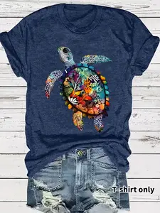 Colorful Animal Turtle Print Round Neck T-Shirt, Casual Vacation Women's Short Sleeve Top, Daily Comfort, Elegant Design, Soft Fabric Tee, Womenswear