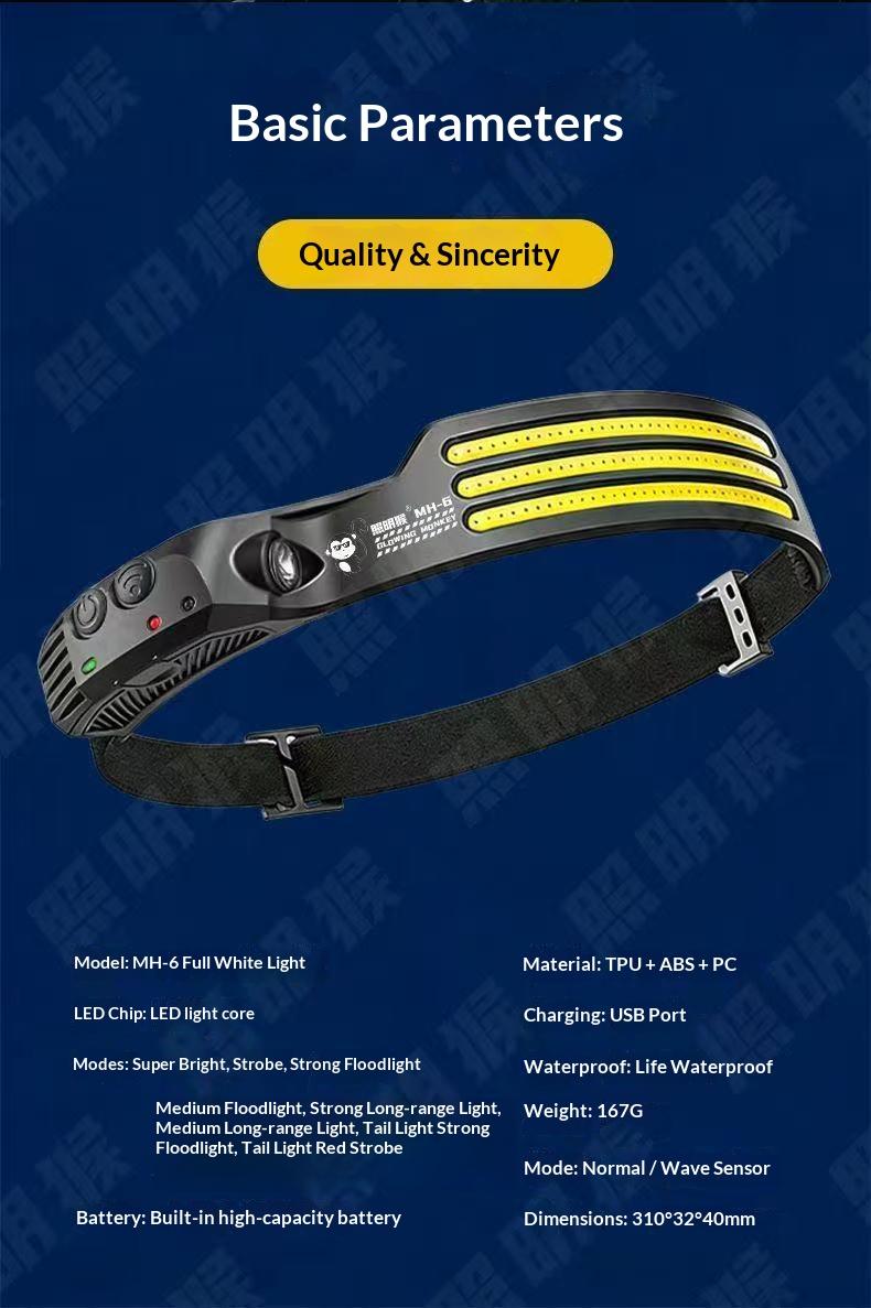 Silicone headlight LED mini multifunctional wave sensing head mounted light COB outdoor fishing and hiking strong light far and near bald head light | Multi level adjustment | Ultra lightweight and portable