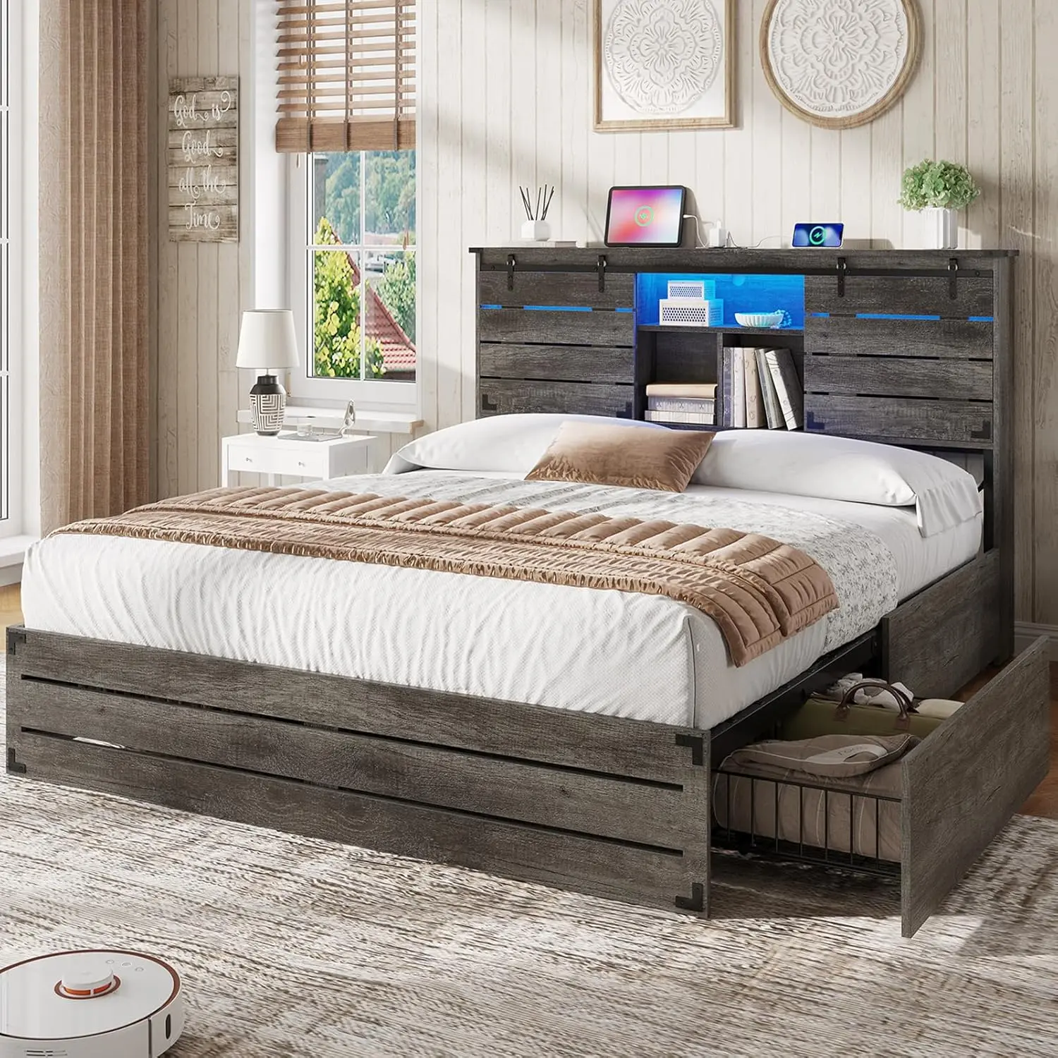 VIAGDO Full Size Sturdy Bed Frame with Bookcase Headboard, Sliding Barn Door, Charging Station, LED Lights, 4 Storage Drawers, Platform Bed Base, No Box Spring Needed, Grey Indoor Furniture for Apartments, Assembly Required
