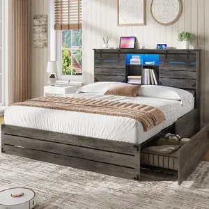 VIAGDO Wooden Bed Frame Full Size with Bookcase Headboard and Sliding Barn Door, Farmhouse Bed Frame Full Size with Charging Station, LED Lights and 4 Storage Drawers, No Box Spring Needed, Grey
