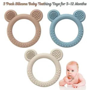 3 Pack Silicone Baby Teething Toys for 3–12 Months | BPA Free Soft Textured Teethers for Soothing Sore Gums | Infant Teething Relief Toy Set Baby Essentials