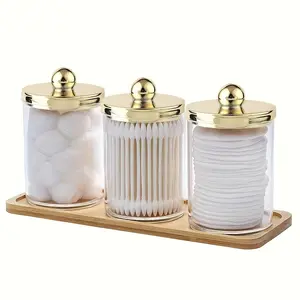 3-Pack Plastic Qtip Apothecary Jars with Lids, 10 Oz Cotton Swab/Ball/Pad Organizer, Clear Bathroom Canister Set with Vanity Tray, Golden Lids Dispenser for Storage