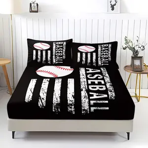 3 PCS Baseball Theme Bed Sheet Set, European and American Baseball Style Print Design, Soft and Breathable Bedding Set, Suitable for Decorating the Bedroom of a Family Who Loves Baseball.