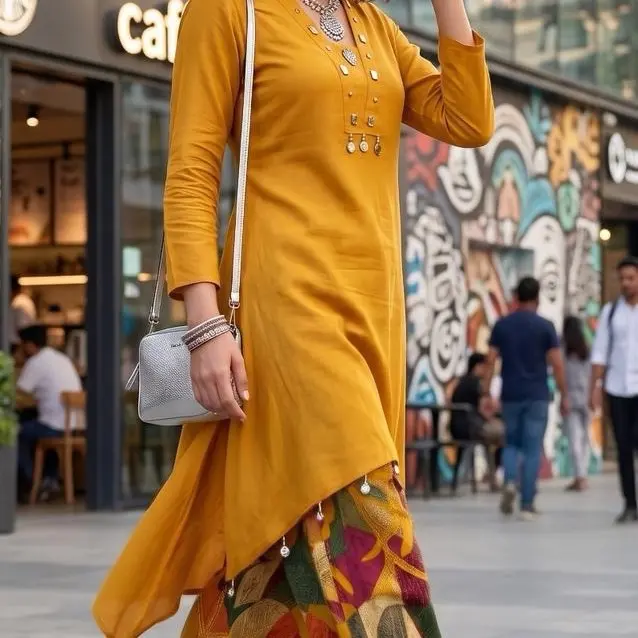 Mustard Yellow Asymmetrical Rayon Kurti & Matching Printed Palazzo Pants 2-Piece Set