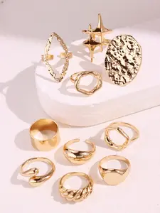 10-piece set of fashion, minimalist, unique luxury rings featuring geometric shapes, large hollow designs—elegant, refined, versatile, high-end style; jewelry for women, perfect for holidays and parties.